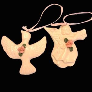 Vintage Tree Ornaments Porcelain Angel Dove Set of Two